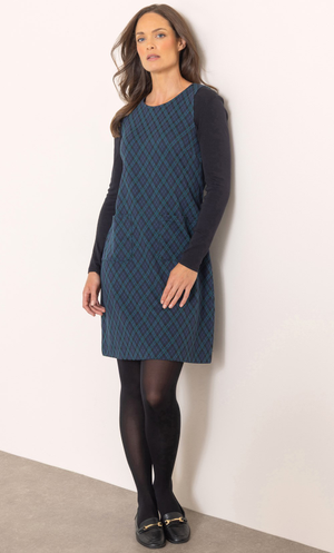 Checked Jacquard Knit Pinafore Dress - Navy/Teal