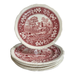 Rare Find; Spode “Pink Tower” Design English Transferware Salad /Lunch Plates. Set of 5