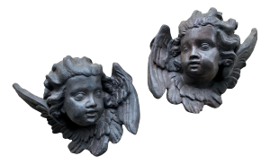 Vintage Black Cast Iron Cherub Wall Plaques - Set of 2