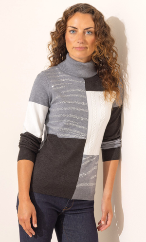 Anna Rose Embellished Roll Neck Lightweight Knit Jumper - Ivory/Grey/Multi