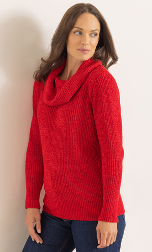 Cowl Neck Long Sleeve Chenille Knitted Jumper - Red