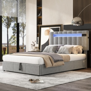 Upholstered Hydraulic Double Sofa Bed with Bluetooth Stereo, USB Ports, Storage Pockets, and LED Light Strips, 198x150x120 cm, Gray
