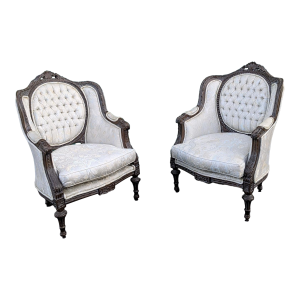 Late 20th Century Vintage Louis XVI Style White Brocade Tufted Bergere Chairs- Pair