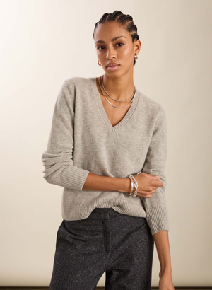 Emmeline Wool Blend V-Neck Jumper - 14 (UK Size 14) / Ash Marl