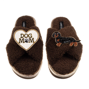 Boucle Slippers With Dog Mum/Mom & Black & Tan Dachshund Brooches - Chocolate (S)