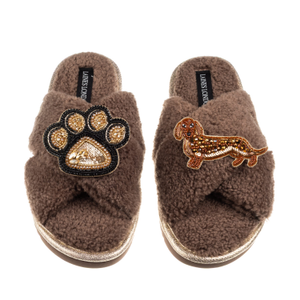 Boucle Slippers With Paw & Red Dachshund Brooches - Mink (S)