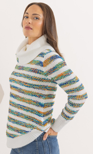 Striped Textured Knitted Jumper - Ivory/Teal