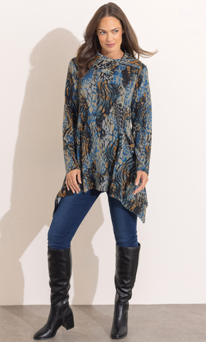 Printed Dipped Hem Knitted Tunic Top - Teal/Black