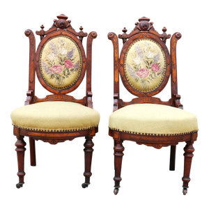 Antique Pair of Victorian Finely Carved Mahogany Side Chairs
