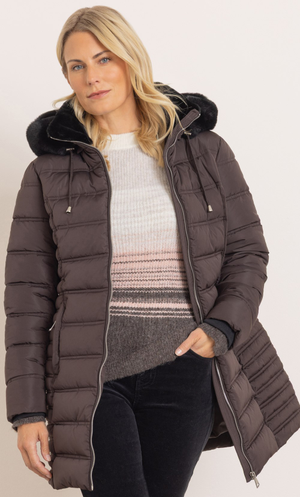 Padded Hooded Faux Fur Trimmed Coat - Dark Choc