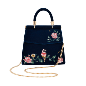 Blue Rosy Posy Embroidered Mini Top Handle Tote