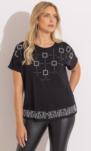 Embellished Short Sleeve Evening Top - Black/Silver