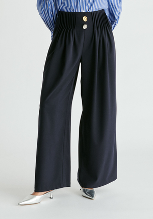 Wide Leg Trousers with Pleated Waist Detail
