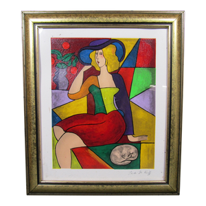 1990s Linda Le Kinff of Paris, France, "Debby" Portrait of Lady and a Cat, Serigraph Print on Paper, Framed