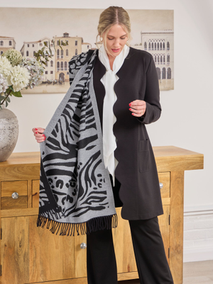 Reversible Animal Print Scarf - Black/Grey