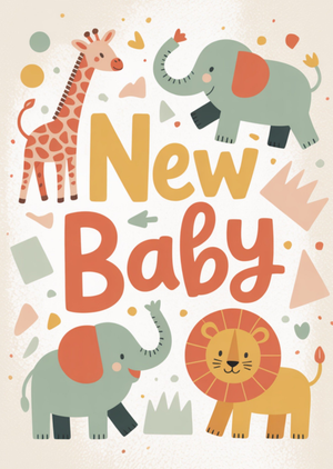 New Baby Typographic Illustrated Animals Card