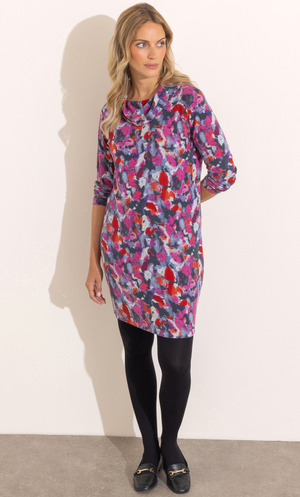 Printed Cowl Neck Knitted Dress - Black/Purple