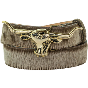 Brindle Cowhide Leather Belt With Gold Steers Head Buckle Unisex (32")
