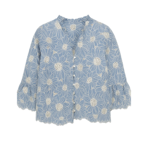 Yumi Blue Daisy Broderie Shirt With Fluted Sleeves (XL)