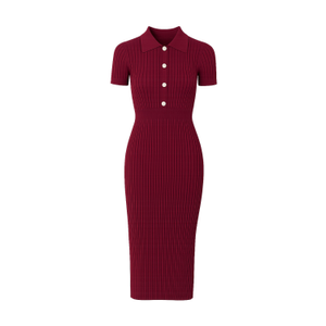 Yumi Burgundy Fitted Rib Knitted Midi Dress With Daisy Buttons (S)