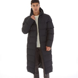 Onfire Mens Maxi Length Hooded Puffer Coat With Faux Fur Hood Black