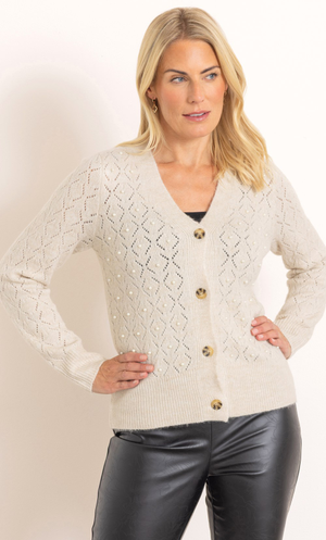 Embellished Long Sleeve Patterned Cardigan - Beige/Marl