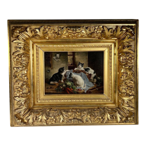 Late 19th Century Curious Kittens Oil on Board Painting in Gilt Wood Frame