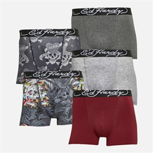 Ed Hardy Mens Gabor Five Pack Boxers Black AOP/Grey Marl/Black AOP/Burgundy/Charcoal Marl
