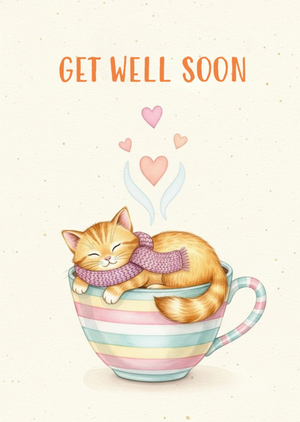 Cute Cat & Teacup Illustrated Get Well Soon Card
