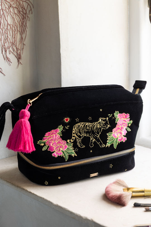 Black Embroidered Tiger Velvet Wash Bag
