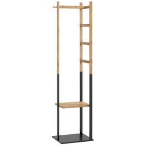 HOMCOM Perchero de Pie de Bambú con 2 Estantes 2 Ganchos 5 Barras con Estructura de Acero para Colgar Ropa Natural y Negro