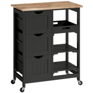 HOMCOM Carro de Cocina Carrito Auxiliar con Ruedas con 3 Cajones 2 Estantes Abiertos y Bandeja Extraíble 67x37x85,5 cm Negro