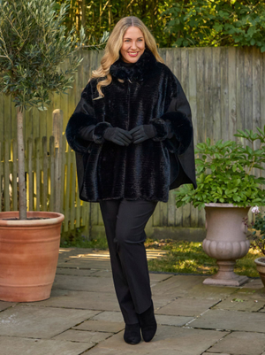 Ariana Faux Fur Trimmed Wrap - Black