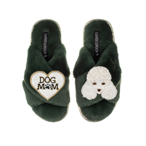 Classic Laines Slippers With Pearl The Poodle & Dog Mum / Mom Brooches - Limited Edition Green (XL)