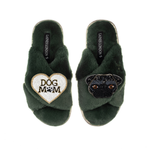 Classic Laines Slippers With Snoopy Pug & Dog Mum / Mom Brooches - Limited Edition Green (M)