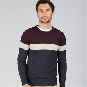 Onfire Mens Colour Block Crew Neck Sweater Burgundy/Stone/Navy