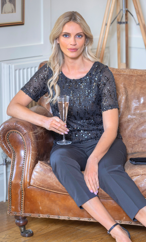 Sequin Short Sleeve Bow Top - Black