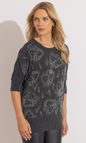 Embellished Shimmer Batwing Top - Black/Silver
