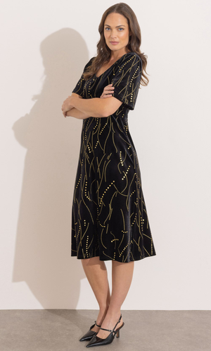 Velour Patterned Midi Dress - Black/Gold