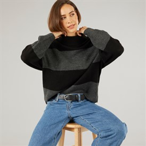 Onfire Womens Striped Crew Neck Sweatshirt Black/Charcoal