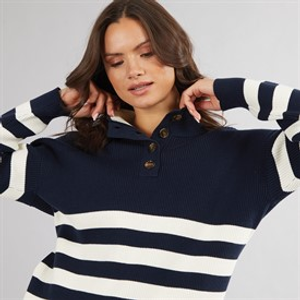 Crew Clothing Womens Button Neck Jumper Navy/Whitelinen