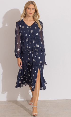 Foil Printed Long Sleeve Midi Dress - Midnight/Silver