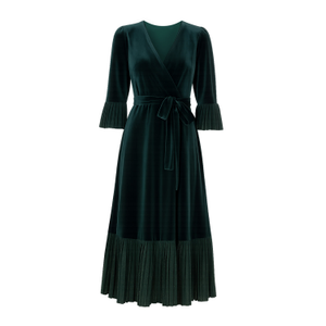 Yumi Green Velvet Wrap Midi Dress With Contrast Hemline (L)