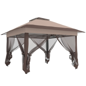 Outsunny 3.6 x 3.6 m Pop up Gazebo with Netting, Height Adjustable Party Tent Instant Canopy Sun Shade Shelter, Khaki