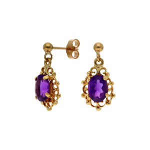Pre-Owned 9ct Yellow Gold Filigree Edged Amethyst Drop Earrings