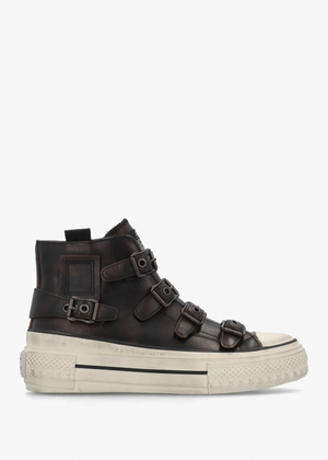 Rainbow Black & Brown Leather Buckle High Top Trainers