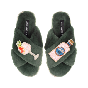 Classic Laines Slippers With Pink Rosa & Grapefruit Gin Brooches - Limited Edition Green (L)