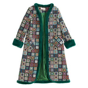Delphia Seventies Patch Jacquard Fur Trim Coat – Multicoloured (M)