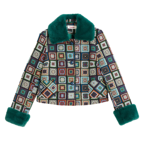 Kent Seventies Patch Jacquard Fur Trim Cropped Jacket (XS)