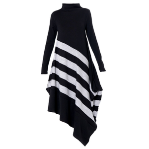 Long Sleeve Knit Dress In Black With Grey Stripes (M)